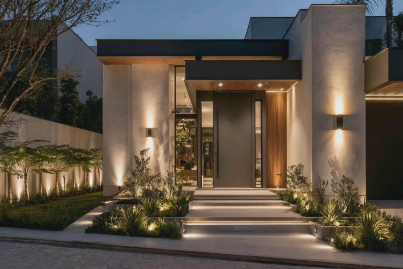 porta-pivotante-ampla-em-cinza-escuro-com-arandelas-modernas-emitindo-luzamarelada Fachadas modernas para casas simples: ideias que mudam o visual sem complicação porta-pivotante-ampla-em-cinza-escuro-com-arandelas-modernas-emitindo-luzamarelada Fachadas modernas para casas simples: ideias que mudam o visual sem complicação