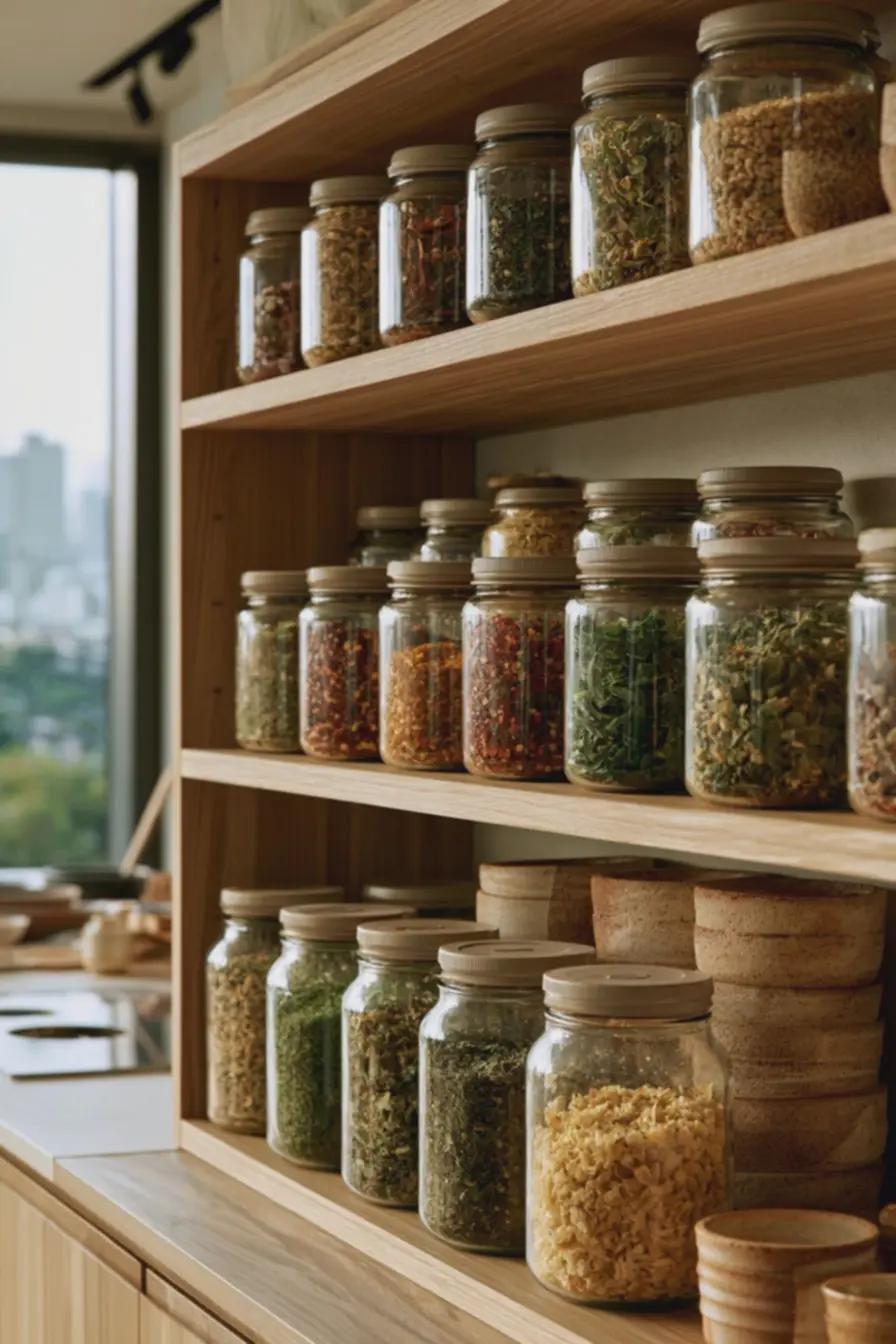 prateleira-de-cozinha-organizada-com-potes-transparentes-contendo-temperosvariados-como-pimenta-oregano-e-alho-em-po Potes transparentes ou cerâmica na prateleira de temperos: qual escolher para sua cozinha prateleira-de-cozinha-organizada-com-potes-transparentes-contendo-temperosvariados-como-pimenta-oregano-e-alho-em-po Potes transparentes ou cerâmica na prateleira de temperos: qual escolher para sua cozinha