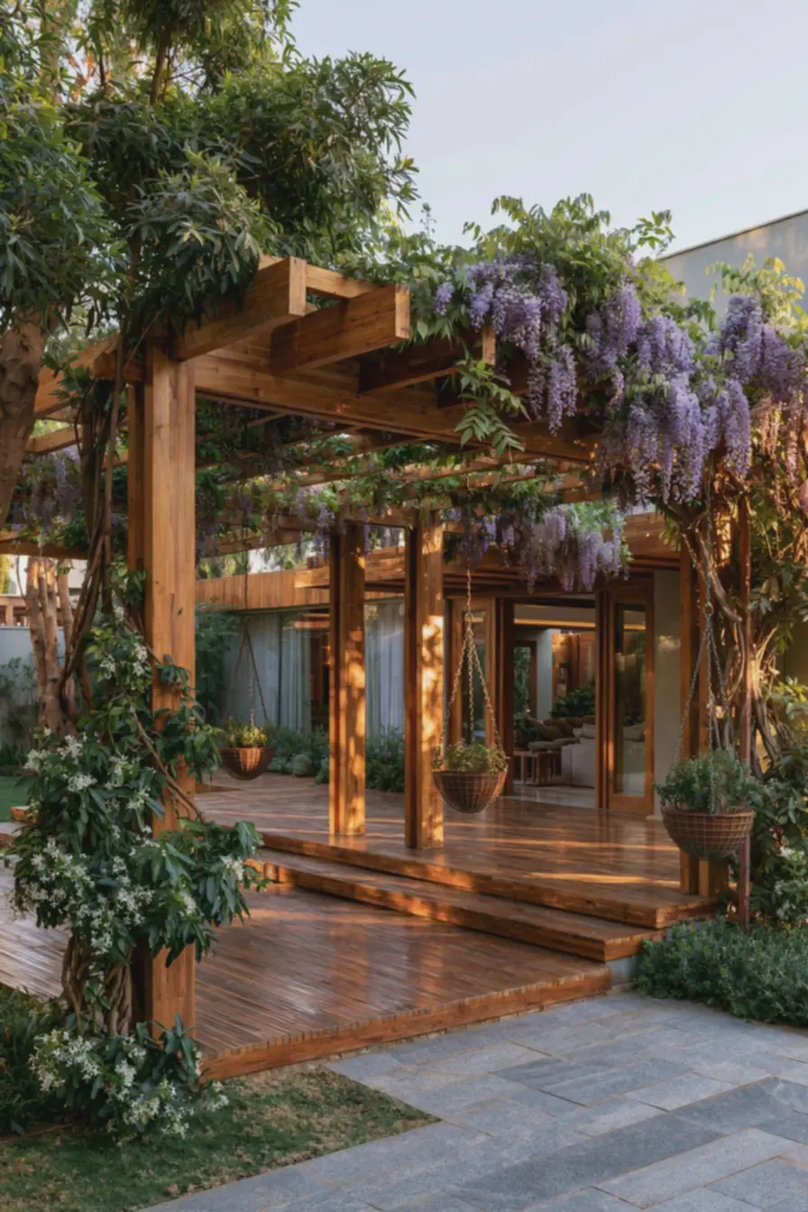 quintal-com-deck-de-madeira-e-plantas-suspensas-decorando-pergolado-aconchegante Plantas que valorizam pergolado de madeira: sombra, privacidade e cor no quintal quintal-com-deck-de-madeira-e-plantas-suspensas-decorando-pergolado-aconchegante Plantas que valorizam pergolado de madeira: sombra, privacidade e cor no quintal