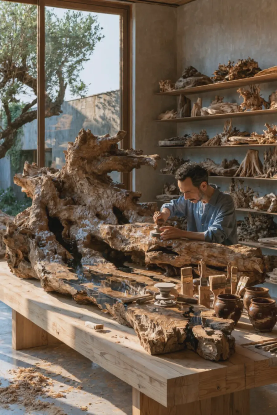raiz-de-arvore-sendo-preparada-e-lixada-em-atelie-de-marcenaria-com-luz-naturalintensa Raízes de árvores para decoração: mesas e banquetas lindas e cheias de estilo raiz-de-arvore-sendo-preparada-e-lixada-em-atelie-de-marcenaria-com-luz-naturalintensa Raízes de árvores para decoração: mesas e banquetas lindas e cheias de estilo