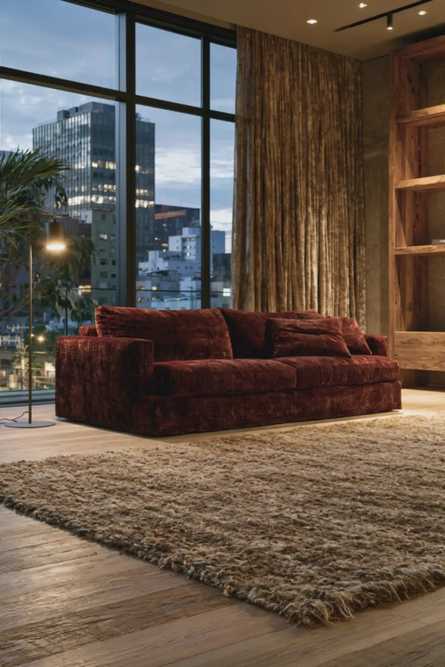 sala-de-estar-aconchegante-iluminada-por-luminaria-de-chao-com-sofa-de-veludovermelho-e-tapete-de-laca-natural-em-tons-terrosos Sala mais quente sem aquecedor: móveis, tapetes e cortinas que seguram o calor sala-de-estar-aconchegante-iluminada-por-luminaria-de-chao-com-sofa-de-veludovermelho-e-tapete-de-laca-natural-em-tons-terrosos Sala mais quente sem aquecedor: móveis, tapetes e cortinas que seguram o calor