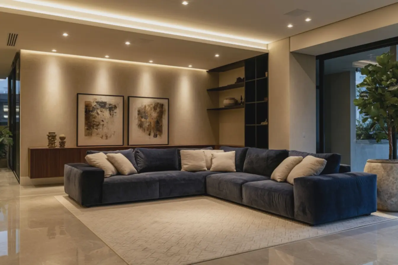 sala-de-estar-airbnb-iluminada-a-noite-com-fita-led-oculta-em-sanca-realcandoparede-bege Iluminação em camadas com LED: pontos, fitas e embutidos que criam profundidade sala-de-estar-airbnb-iluminada-a-noite-com-fita-led-oculta-em-sanca-realcandoparede-bege Iluminação em camadas com LED: pontos, fitas e embutidos que criam profundidade