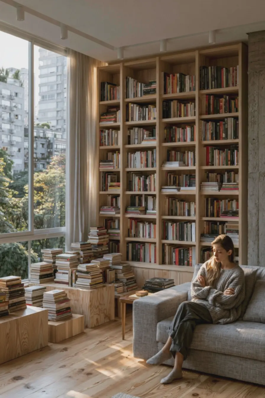 sala-de-estar-com-estante-de-livros-desorganizados-causando-visualsobrecarregado Erros comuns ao decorar com livros que deixam sua sala visualmente sobrecarregada sala-de-estar-com-estante-de-livros-desorganizados-causando-visualsobrecarregado Erros comuns ao decorar com livros que deixam sua sala visualmente sobrecarregada