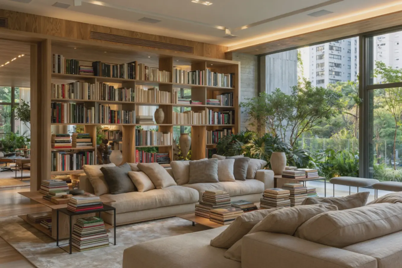 sala-de-estar-com-estante-moderna-organizada-com-livros-em-grupos-uniformes Erros comuns ao decorar com livros que deixam sua sala visualmente sobrecarregada sala-de-estar-com-estante-moderna-organizada-com-livros-em-grupos-uniformes Erros comuns ao decorar com livros que deixam sua sala visualmente sobrecarregada