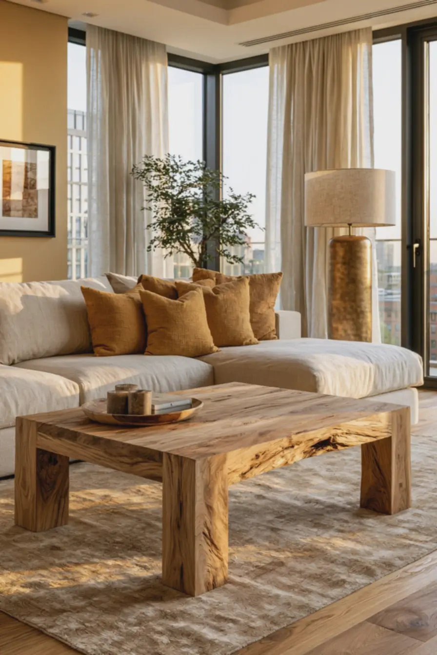 sala-de-estar-com-mesa-de-centro-em-madeira-clara-acabamento-natural-e-almofadasamarelo-mostarda-em-sofa-neutro Madeira, metal e tons de amarelo: ideias de combinação para salas e cozinhas sala-de-estar-com-mesa-de-centro-em-madeira-clara-acabamento-natural-e-almofadasamarelo-mostarda-em-sofa-neutro Madeira, metal e tons de amarelo: ideias de combinação para salas e cozinhas