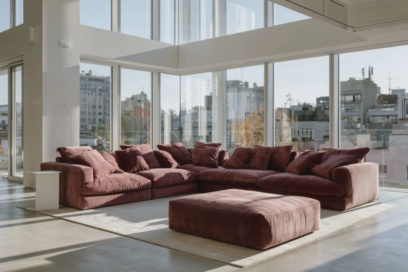 sala-de-estar-grande-com-sofa-rosa-medio-linho-fosco-pe-direito-alto-eiluminacao-natural-abundante Rosa no mobiliário: escolher tons e escalas para não sobrecarregar a sala sala-de-estar-grande-com-sofa-rosa-medio-linho-fosco-pe-direito-alto-eiluminacao-natural-abundante Rosa no mobiliário: escolher tons e escalas para não sobrecarregar a sala