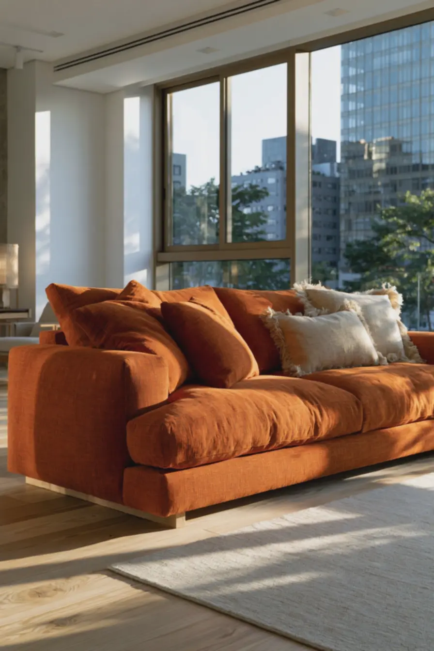 sala-de-estar-iluminada-por-luz-natural-com-sofa-laranja-fosco-em-tecido-delinho Evite este erro comum ao usar laranja: foco no equilíbrio de luz e textura sala-de-estar-iluminada-por-luz-natural-com-sofa-laranja-fosco-em-tecido-delinho Evite este erro comum ao usar laranja: foco no equilíbrio de luz e textura
