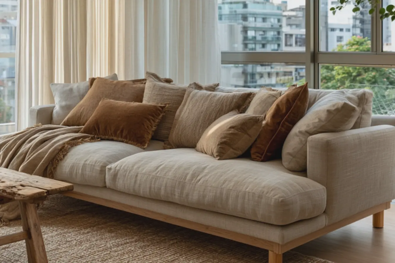 sala-de-estar-sofisticada-com-sofa-bege-de-pes-de-madeira-clara-e-decoracao-comalmofadas-variadas Pequenos toques em móveis e tecidos que renovam a casa sem gastar muito sala-de-estar-sofisticada-com-sofa-bege-de-pes-de-madeira-clara-e-decoracao-comalmofadas-variadas Pequenos toques em móveis e tecidos que renovam a casa sem gastar muito