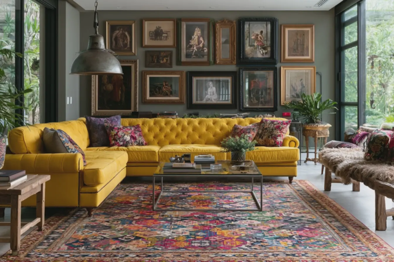 sala-de-estar-vibrante-e-caotica-com-sofa-amarelo-vintage-e-mesa-de-centromoderna-de-vidro-e-metal Equilíbrio x Excesso: quando a mistura de estilos torna a decoração enjoativa sala-de-estar-vibrante-e-caotica-com-sofa-amarelo-vintage-e-mesa-de-centromoderna-de-vidro-e-metal Equilíbrio x Excesso: quando a mistura de estilos torna a decoração enjoativa
