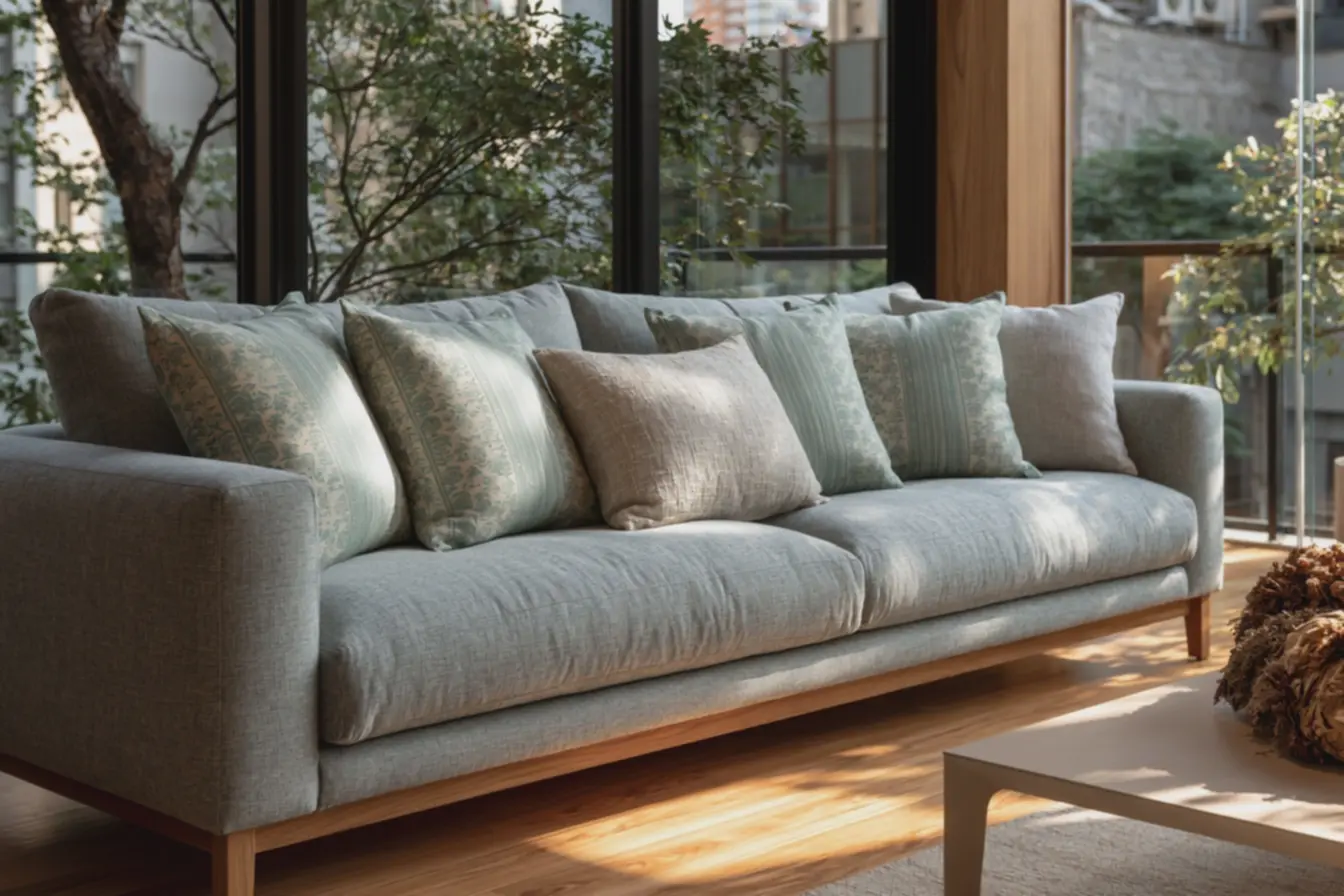 sala-longa-e-estreita-com-sofa-cinza-e-almofadas-verticais-em-tons-verdes-mentae-off-white Escala e ritmo: almofadas estampadas ideais para salas pequenas e estreitas sala-longa-e-estreita-com-sofa-cinza-e-almofadas-verticais-em-tons-verdes-mentae-off-white Escala e ritmo: almofadas estampadas ideais para salas pequenas e estreitas