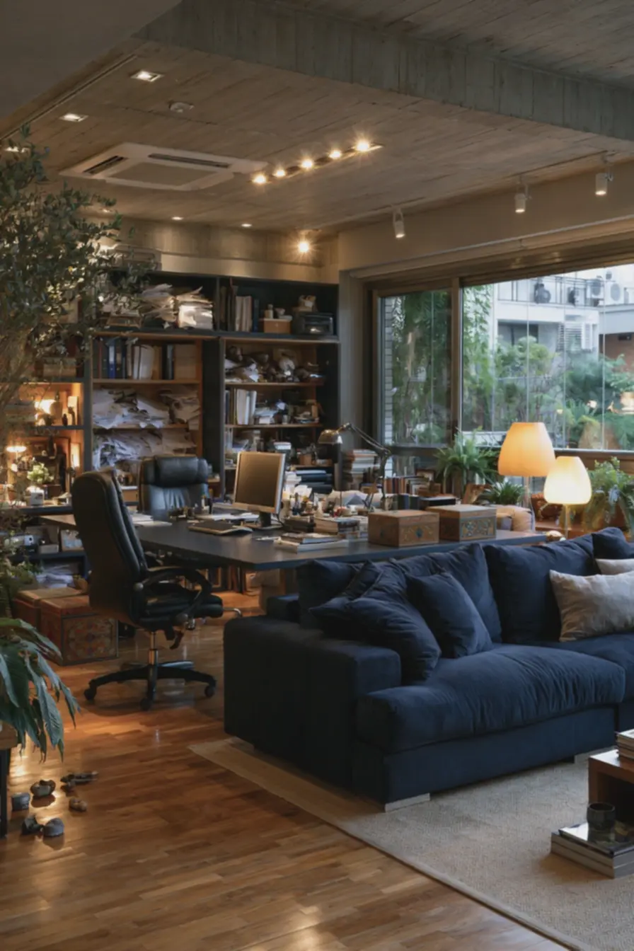sala-multifuncional-com-mesa-alta-grande-cadeira-de-escritorio-e-sofa-azulmarinho Salas flexíveis: móveis e iluminação que equilibram morar e trabalhar em casa sala-multifuncional-com-mesa-alta-grande-cadeira-de-escritorio-e-sofa-azulmarinho Salas flexíveis: móveis e iluminação que equilibram morar e trabalhar em casa
