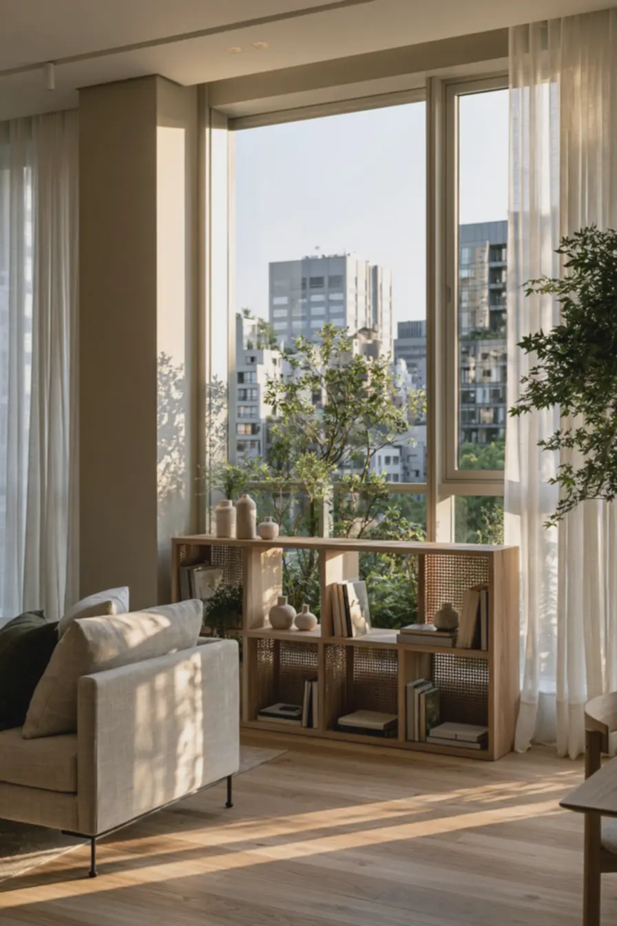 setorizacao-inteligente-em-apartamento-pequeno-usando-estante-baixa-de-madeiraclara-para-divisao-de-ambientes Setorização com móveis para apartamentos pequenos: áreas distintas sem paredes setorizacao-inteligente-em-apartamento-pequeno-usando-estante-baixa-de-madeiraclara-para-divisao-de-ambientes Setorização com móveis para apartamentos pequenos: áreas distintas sem paredes