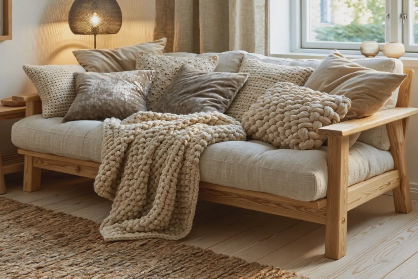 sofa-de-madeira-clara-sem-verniz-com-almofadas-em-veludo-brilho-sutl-croche-ealgodao-trancado Mistura de texturas baratas para dar cara nova à decoração simples sofa-de-madeira-clara-sem-verniz-com-almofadas-em-veludo-brilho-sutl-croche-ealgodao-trancado Mistura de texturas baratas para dar cara nova à decoração simples