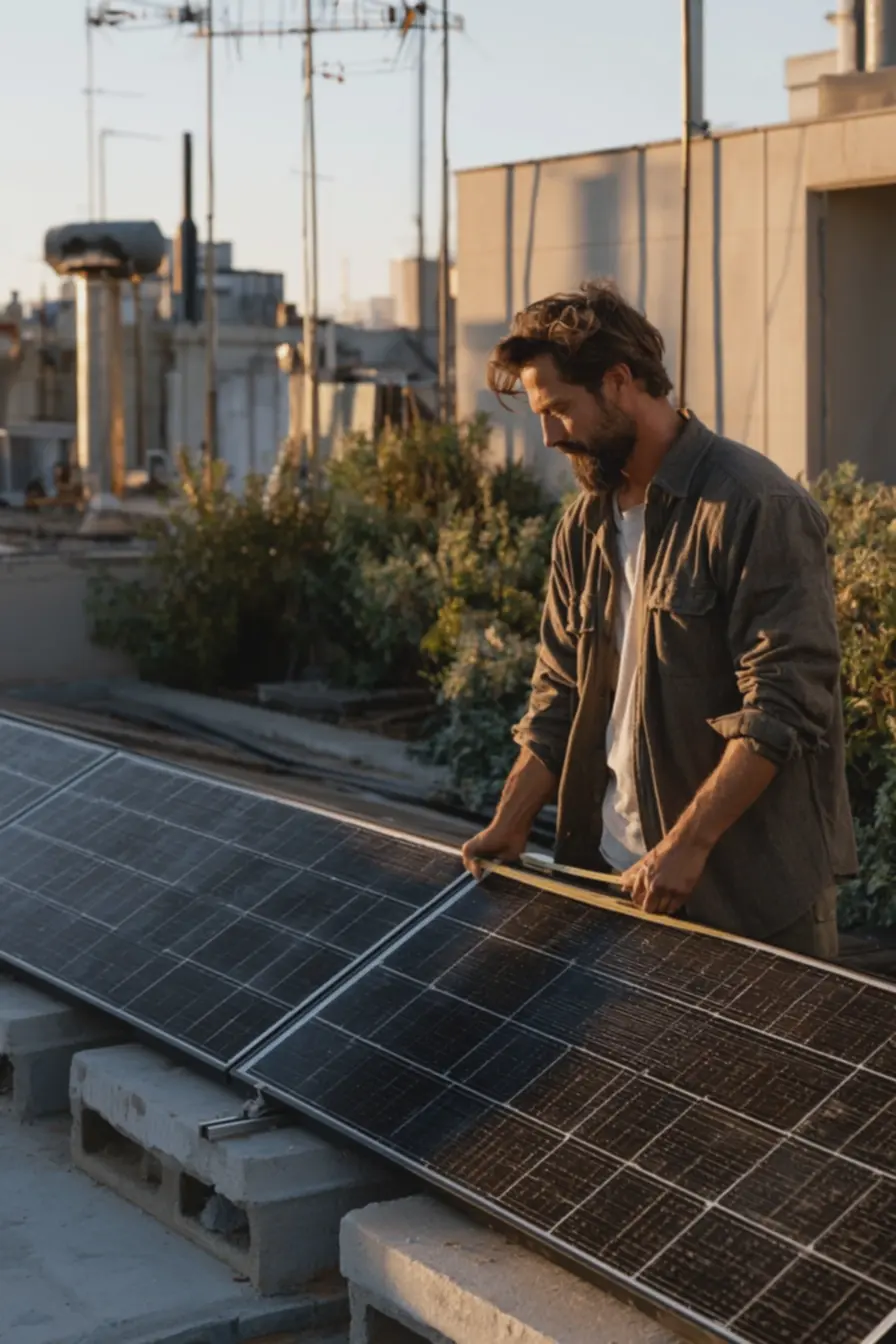 tecnico-medindo-espacamento-entre-paineis-solares-para-evitar-sombras-cruzadasem-telhado-monocamada Instalação e sombra: erros que reduzem o rendimento dos painéis tecnico-medindo-espacamento-entre-paineis-solares-para-evitar-sombras-cruzadasem-telhado-monocamada Instalação e sombra: erros que reduzem o rendimento dos painéis