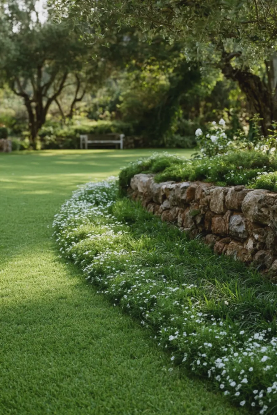 transicao-harmoniosa-com-plantas-baixas-e-flores-brancas-entre-gramados-naturaise-sinteticos Jardim híbrido: combinar grama natural e artificial para áreas de sol e sombra transicao-harmoniosa-com-plantas-baixas-e-flores-brancas-entre-gramados-naturaise-sinteticos Jardim híbrido: combinar grama natural e artificial para áreas de sol e sombra