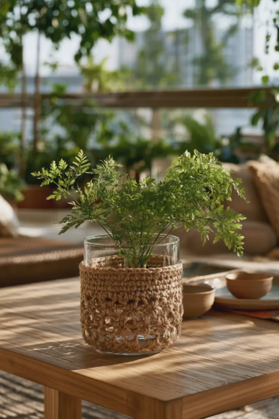 vaso-com-planta-de-folhas-finas-decorado-com-croche-evidenciando-harmonizacaoartesanal Crochê sobre vidro, cerâmica ou plástico: acabamentos que valorizam seus vasos vaso-com-planta-de-folhas-finas-decorado-com-croche-evidenciando-harmonizacaoartesanal Crochê sobre vidro, cerâmica ou plástico: acabamentos que valorizam seus vasos