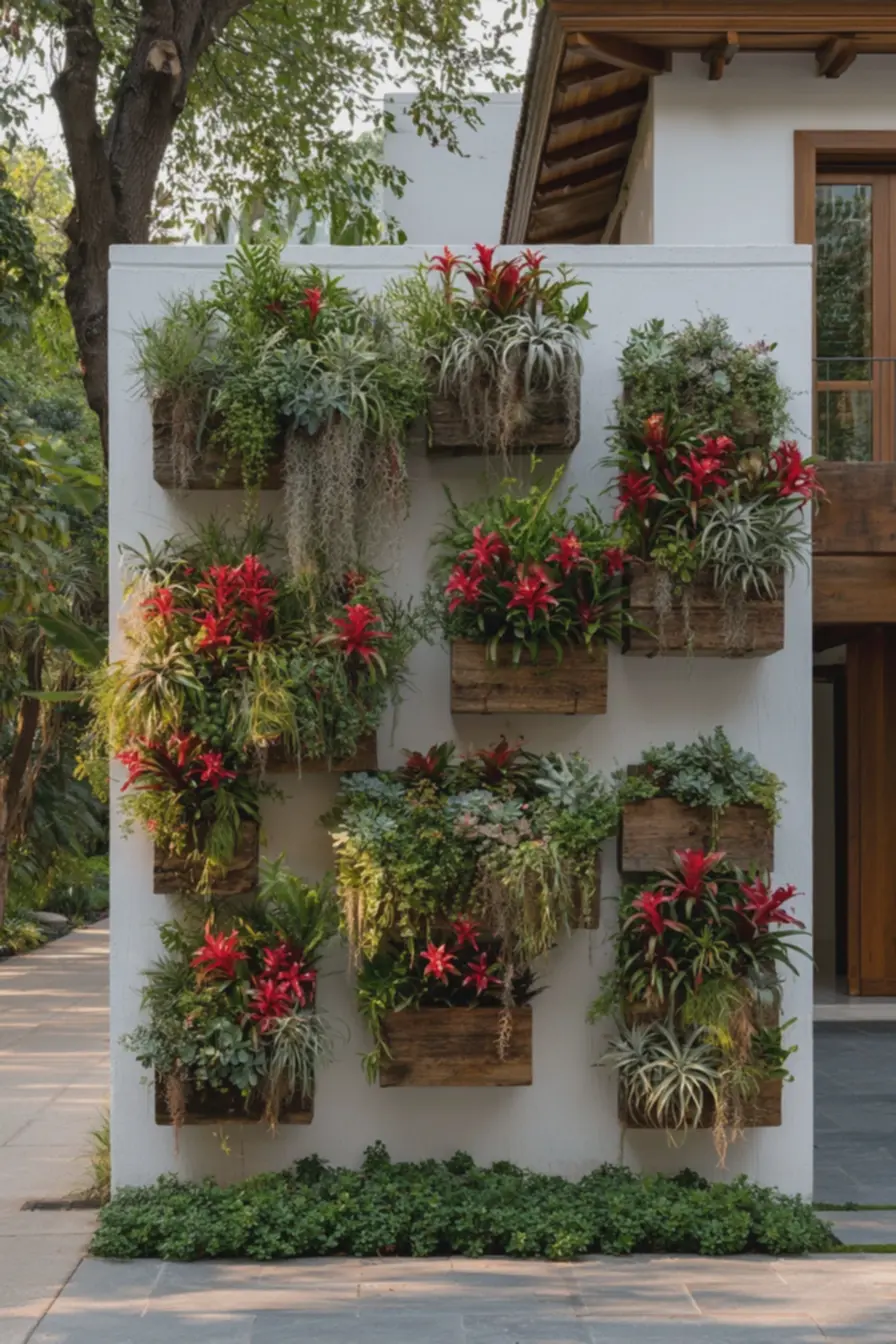 vasos-suspensos-com-sedum-echeveria-e-bromelias-vermelhas-em-painel-de-madeiraafastado-da-alvenaria-garantindo-protecao Muro de frente com jardim vertical: espécies que não danificam a alvenaria vasos-suspensos-com-sedum-echeveria-e-bromelias-vermelhas-em-painel-de-madeiraafastado-da-alvenaria-garantindo-protecao Muro de frente com jardim vertical: espécies que não danificam a alvenaria