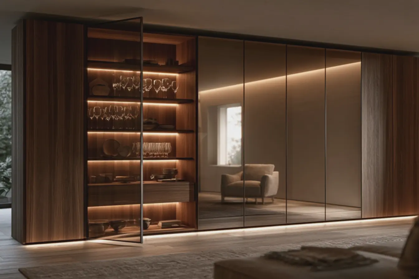 armario-de-madeira-com-portas-de-vidro-bronze-refletivo-iluminado-por-fitas-deled-em-sala-de-estar-moderna O vidro que parece espelho mas também é transparente está invadindo os interiores armario-de-madeira-com-portas-de-vidro-bronze-refletivo-iluminado-por-fitas-deled-em-sala-de-estar-moderna O vidro que parece espelho mas também é transparente está invadindo os interiores