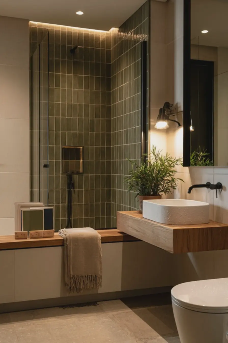 banheiro-compacto-com-parede-do-box-revestida-em-azulejos-verde-oliva-mate-empaginacao-vertical-e-juntas-desencontradas Essas são as novas combinações de cores de azulejos para sair do branco frio e novar a casa banheiro-compacto-com-parede-do-box-revestida-em-azulejos-verde-oliva-mate-empaginacao-vertical-e-juntas-desencontradas Essas são as novas combinações de cores de azulejos para sair do branco frio e novar a casa