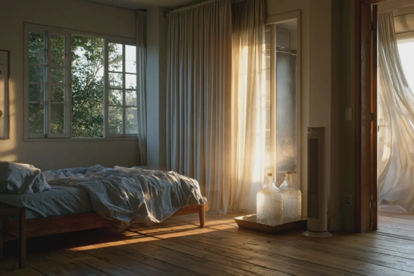 cama-de-madeira-com-lencois-de-algodao-azul-claro-em-ambiente-fresquinho-comcorrente-de-ar-e-cortinas-blackout-claras As dicas mais simples e práticas pra refrescar a casa no calor que vem chegando cama-de-madeira-com-lencois-de-algodao-azul-claro-em-ambiente-fresquinho-comcorrente-de-ar-e-cortinas-blackout-claras As dicas mais simples e práticas pra refrescar a casa no calor que vem chegando