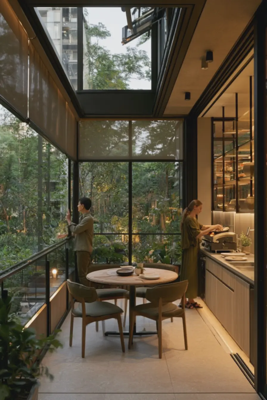 cortina-rolo-de-tela-solar-parcialmente-abaixada-filtrando-luz-alaranjada-emvaranda-gourmet-funcional Área gourmet fechada com vidro vira um novo ambiente da casa: veja como decorar cortina-rolo-de-tela-solar-parcialmente-abaixada-filtrando-luz-alaranjada-emvaranda-gourmet-funcional Área gourmet fechada com vidro vira um novo ambiente da casa: veja como decorar