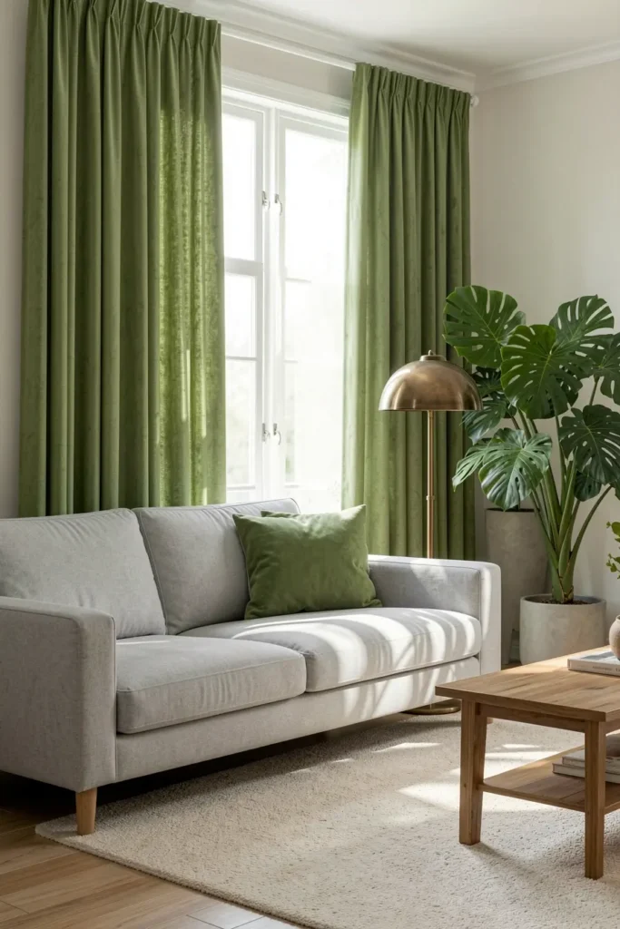 cortinas-verdes-levam-frescor-e-profundidade-a-sala-de-base-neutra-683x1024 Onde colocar cor na casa neutra quando pintar as paredes não é opção cortinas-verdes-levam-frescor-e-profundidade-a-sala-de-base-neutra-683x1024 Onde colocar cor na casa neutra quando pintar as paredes não é opção