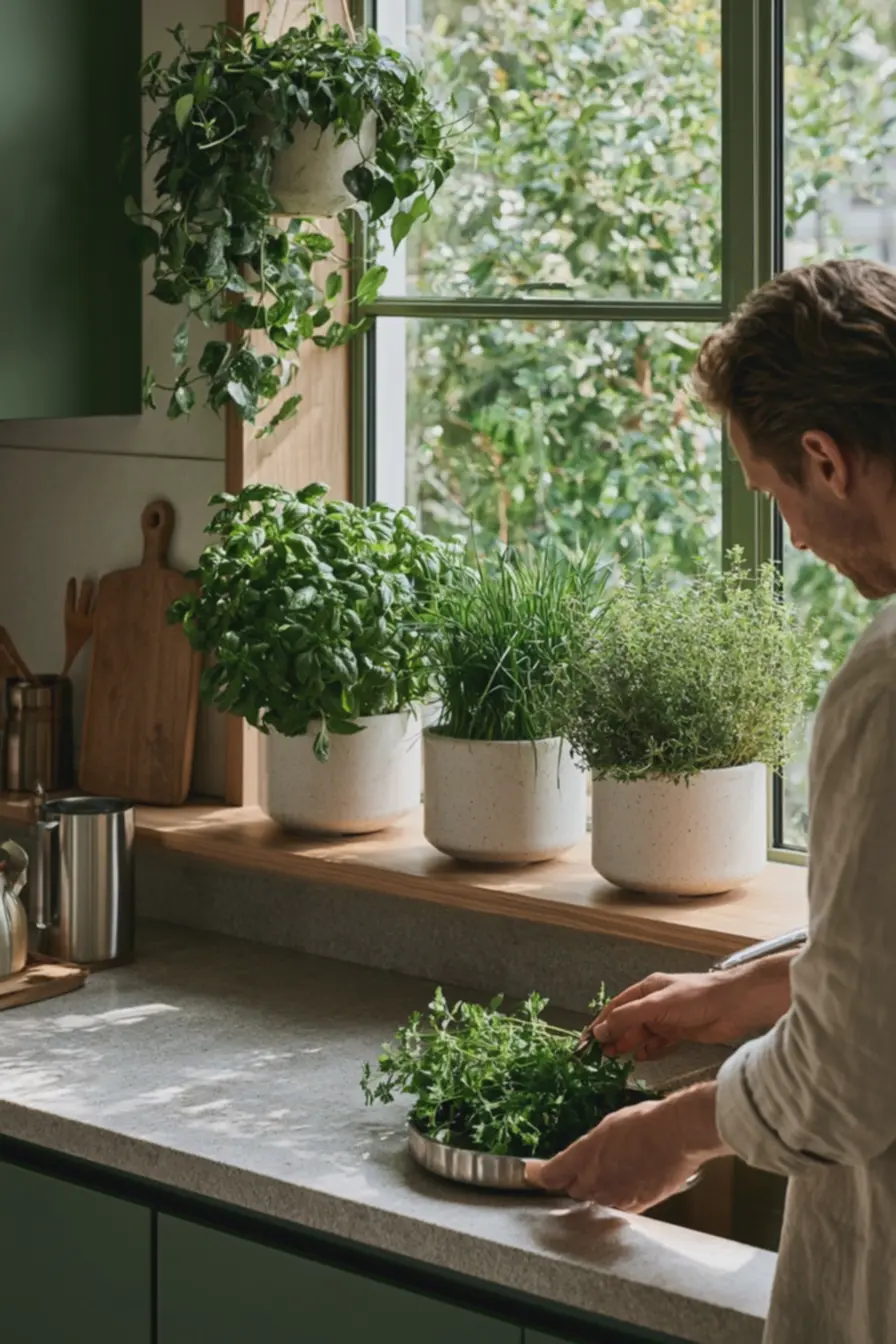 cozinha-pequena-funcional-com-prateleira-de-madeira-clara-cultivando-manjericaocebolinha-e-tomilho-em-vasos-brancos-junto-a-janela-ensolarada Decoração com plantas: ideias práticas para integrar verde sem exageros cozinha-pequena-funcional-com-prateleira-de-madeira-clara-cultivando-manjericaocebolinha-e-tomilho-em-vasos-brancos-junto-a-janela-ensolarada Decoração com plantas: ideias práticas para integrar verde sem exageros