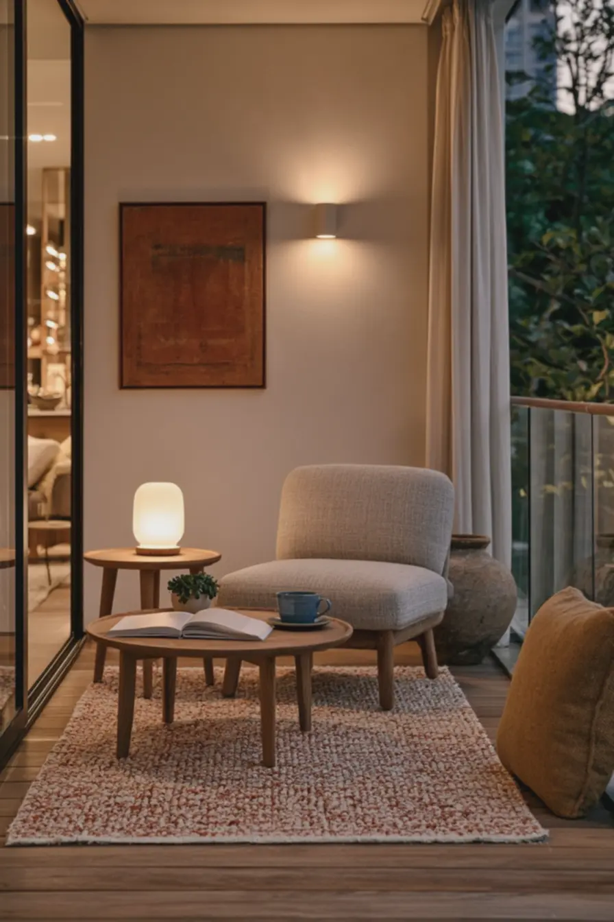 decoracao-minimalista-com-tapete-creme-e-ferrugem-vaso-de-folhas-verdes-ealmofada-mostarda-em-varanda 7 ideias para deixar uma varanda pequena mais aconchegante decoracao-minimalista-com-tapete-creme-e-ferrugem-vaso-de-folhas-verdes-ealmofada-mostarda-em-varanda 7 ideias para deixar uma varanda pequena mais aconchegante