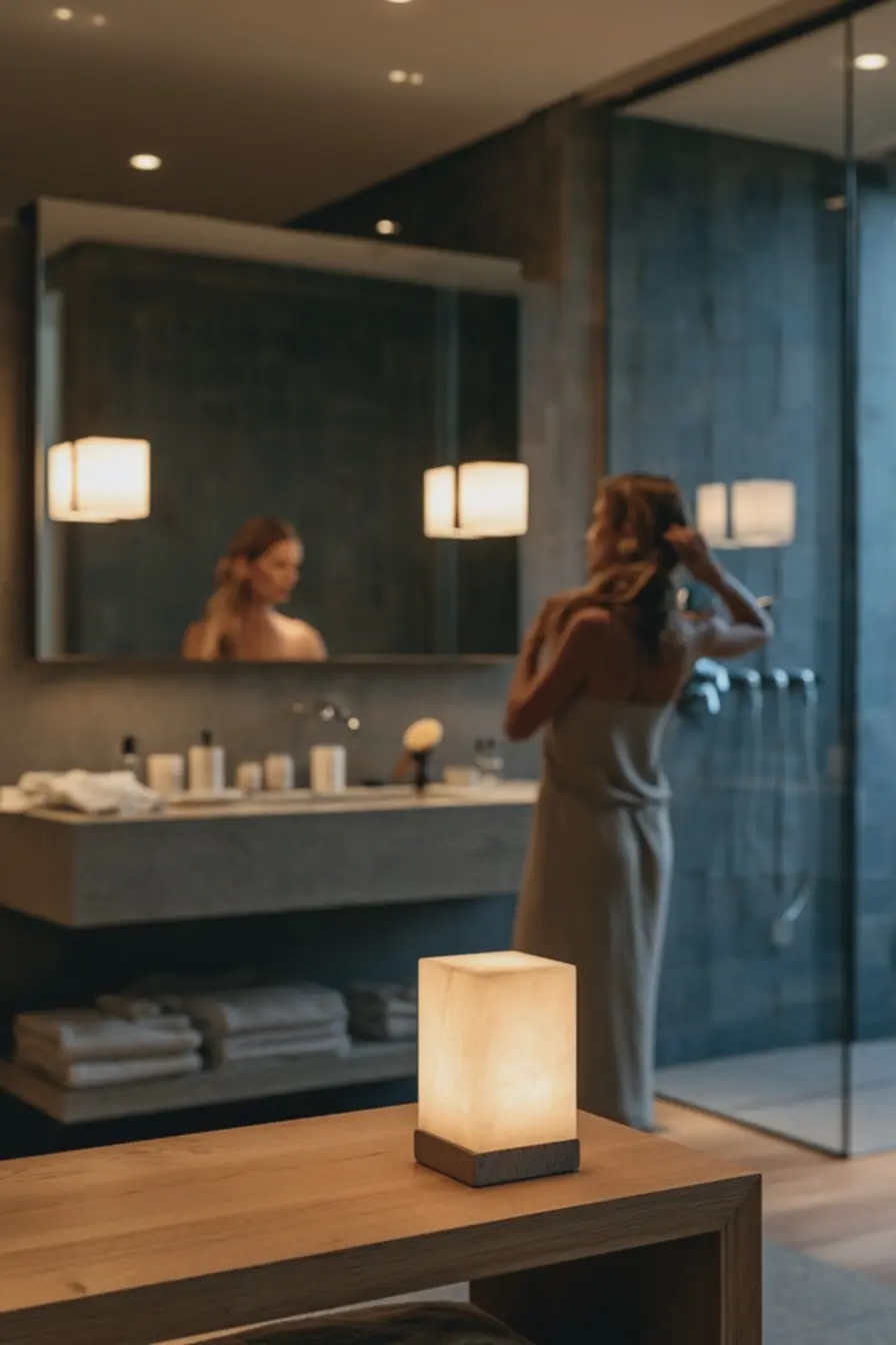 detalhes-de-bancada-com-iluminacao-neutra-e-abajur-quente-em-banheiro-modernocom-espelho-e-acessorios-minimalistas A tendência dos pequenos abajures: como usar luz suave até na cozinha e no banheiro detalhes-de-bancada-com-iluminacao-neutra-e-abajur-quente-em-banheiro-modernocom-espelho-e-acessorios-minimalistas A tendência dos pequenos abajures: como usar luz suave até na cozinha e no banheiro