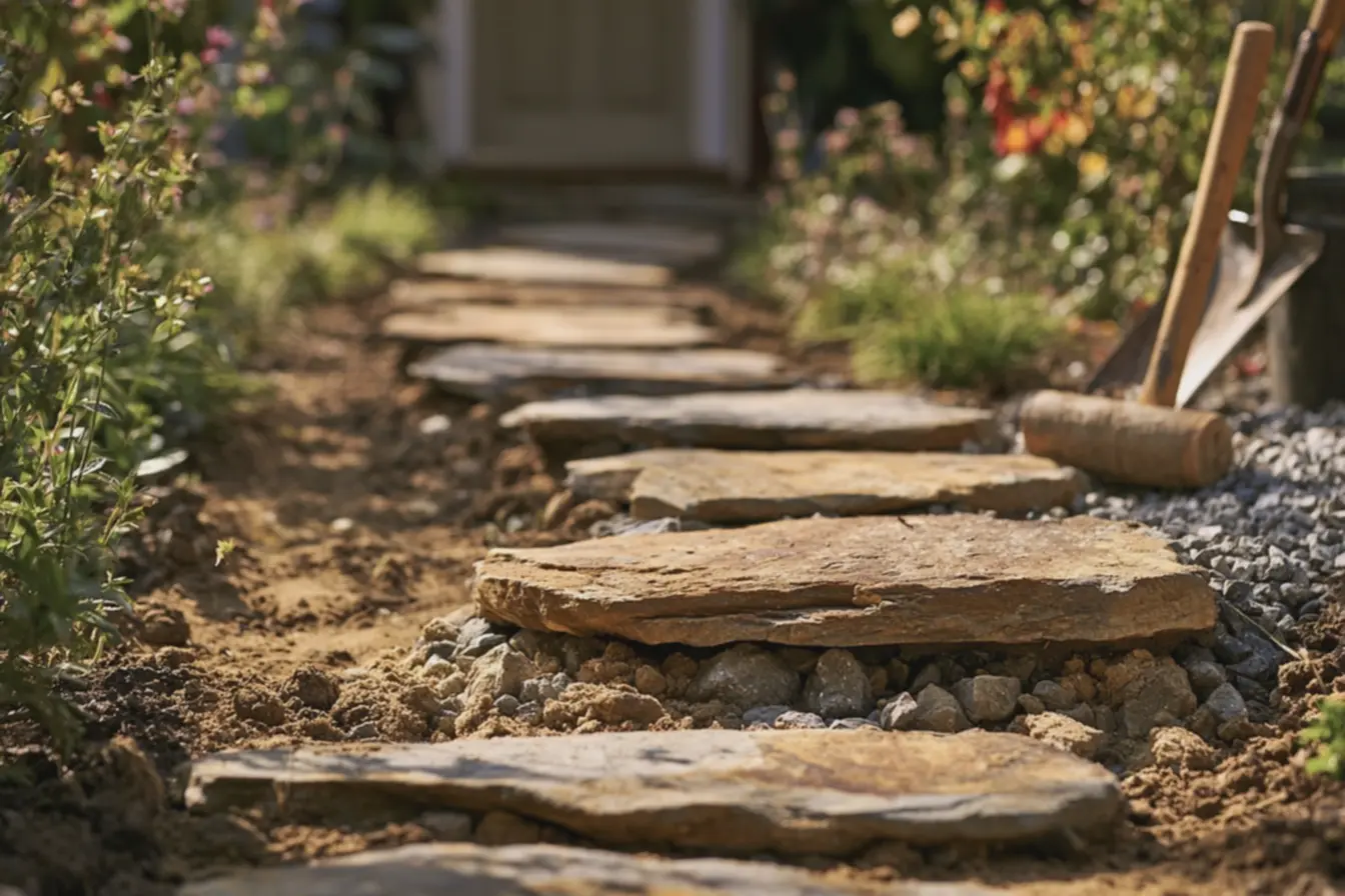 ferramentas-de-jardinagem-em-area-de-trabalho-com-malho-de-borracha-e-baldejunto-a-placas-de-pedra-para-caminho Lindos caminhos floridos no seu jardim podem trazer encanto e delicadeza pra casa ferramentas-de-jardinagem-em-area-de-trabalho-com-malho-de-borracha-e-baldejunto-a-placas-de-pedra-para-caminho Lindos caminhos floridos no seu jardim podem trazer encanto e delicadeza pra casa