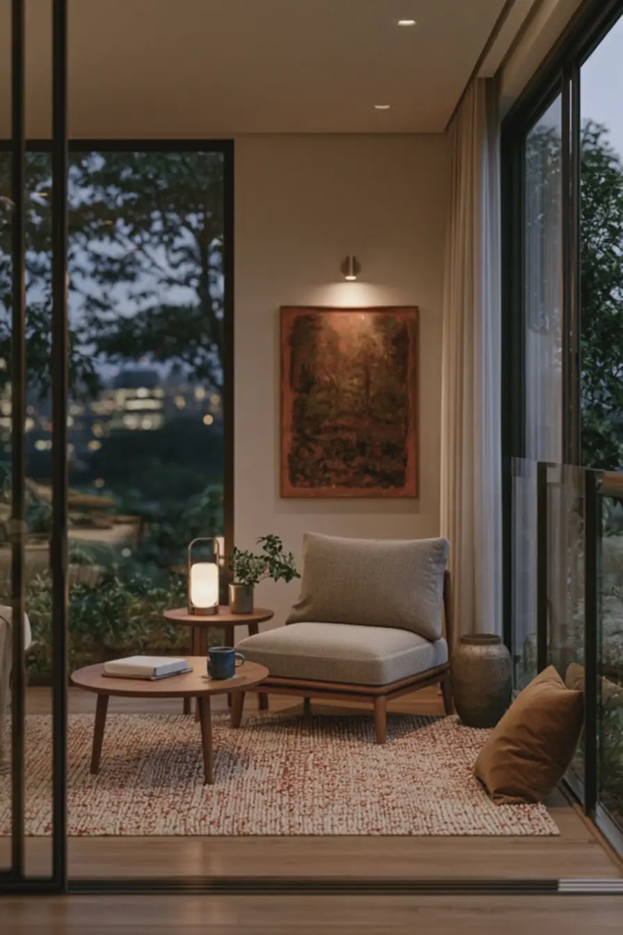 iluminacao-aconchegante-com-arandela-e-luz-quente-destacando-pintura-terracota-edetalhes-decorativos 7 ideias para deixar uma varanda pequena mais aconchegante iluminacao-aconchegante-com-arandela-e-luz-quente-destacando-pintura-terracota-edetalhes-decorativos 7 ideias para deixar uma varanda pequena mais aconchegante