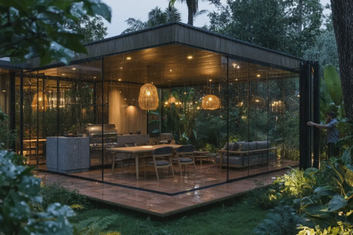 iluminacao-aconchegante-com-luminarias-pendentes-em-area-gourmet-integrada-aojardim-tropical-com-piso-terracota Área gourmet fechada com vidro vira um novo ambiente da casa: veja como decorar iluminacao-aconchegante-com-luminarias-pendentes-em-area-gourmet-integrada-aojardim-tropical-com-piso-terracota Área gourmet fechada com vidro vira um novo ambiente da casa: veja como decorar