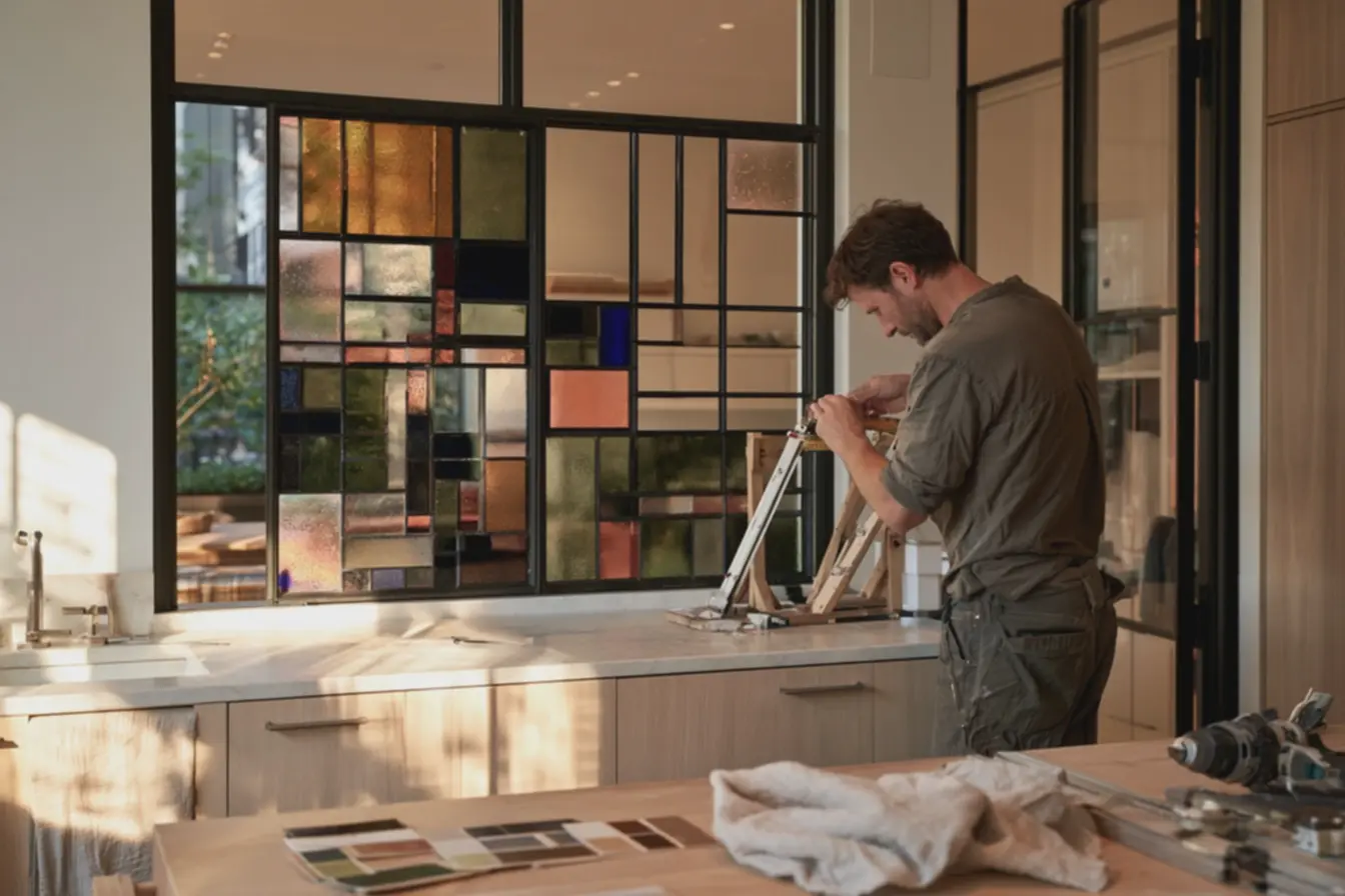 instalador-ajustando-painel-de-vitral-moderno-com-moldura-preta-em-apartamentocontemporaneo O vitral voltou às decorações! Mas como usar sem deixar a casa parecendo uma igreja? instalador-ajustando-painel-de-vitral-moderno-com-moldura-preta-em-apartamentocontemporaneo O vitral voltou às decorações! Mas como usar sem deixar a casa parecendo uma igreja?