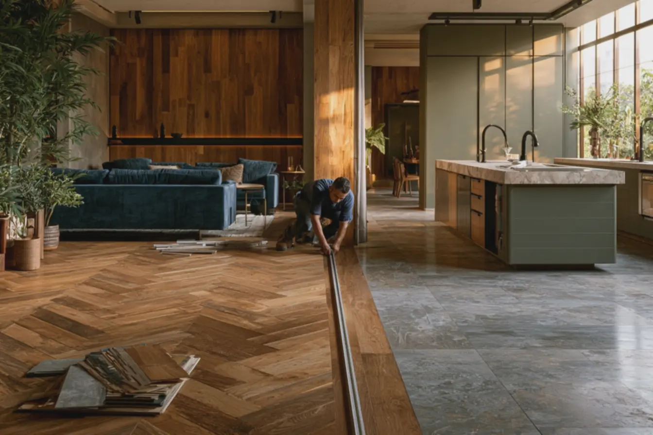 instalador-medindo-linha-de-encontro-entre-piso-de-madeira-e-porcelanato-emambiente-residencial-moderno As novas maneiras de usar piso de madeira na decoração e surpreender a todos instalador-medindo-linha-de-encontro-entre-piso-de-madeira-e-porcelanato-emambiente-residencial-moderno As novas maneiras de usar piso de madeira na decoração e surpreender a todos