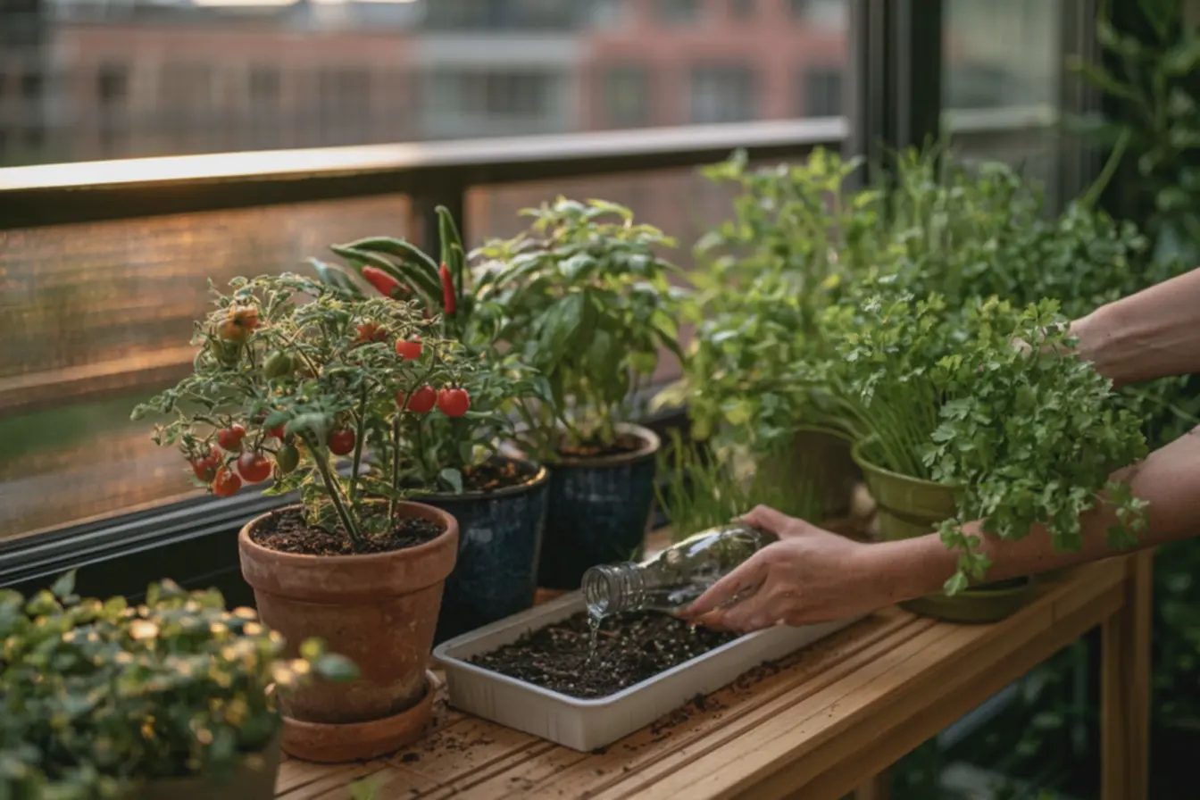 irrigacao-automatica-com-garrafa-reutilizada-invertida-para-cultivo-de-tomatecereja-em-vaso-no-interior-residencial A nova horta para apartamentos cabe sobre uma mesa e ainda decora a casa irrigacao-automatica-com-garrafa-reutilizada-invertida-para-cultivo-de-tomatecereja-em-vaso-no-interior-residencial A nova horta para apartamentos cabe sobre uma mesa e ainda decora a casa
