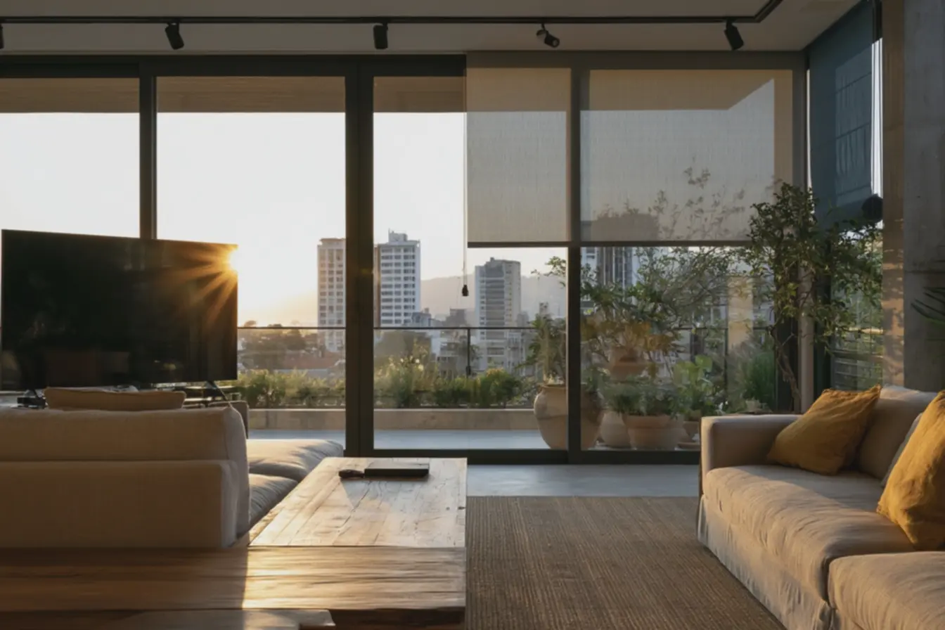 luz-dourada-filtrada-em-sala-contemporanea-com-uso-de-tecido-solar-cinza-epainel-japones-azul-piscina Chega de cortinas tradicionais: essas são as alternativas e mudanças que a decoração trouxe pra você escolher luz-dourada-filtrada-em-sala-contemporanea-com-uso-de-tecido-solar-cinza-epainel-japones-azul-piscina Chega de cortinas tradicionais: essas são as alternativas e mudanças que a decoração trouxe pra você escolher