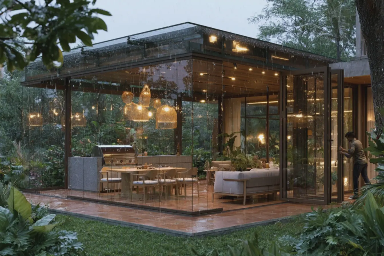 paineis-de-vidro-retrateis-do-piso-ao-teto-protegem-area-gourmet-comchurrasqueira-inox-e-bancada-de-granito Área gourmet fechada com vidro vira um novo ambiente da casa: veja como decorar paineis-de-vidro-retrateis-do-piso-ao-teto-protegem-area-gourmet-comchurrasqueira-inox-e-bancada-de-granito Área gourmet fechada com vidro vira um novo ambiente da casa: veja como decorar