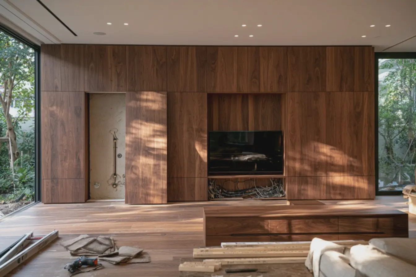 painel-de-madeira-em-nogueira-parcialmente-instalado-em-parede-de-sala-pequenamostrando-estrutura-e-sistema-de-fixacao Chega de ripado genérico: Como criar um painel de madeira simples e elegante painel-de-madeira-em-nogueira-parcialmente-instalado-em-parede-de-sala-pequenamostrando-estrutura-e-sistema-de-fixacao Chega de ripado genérico: Como criar um painel de madeira simples e elegante