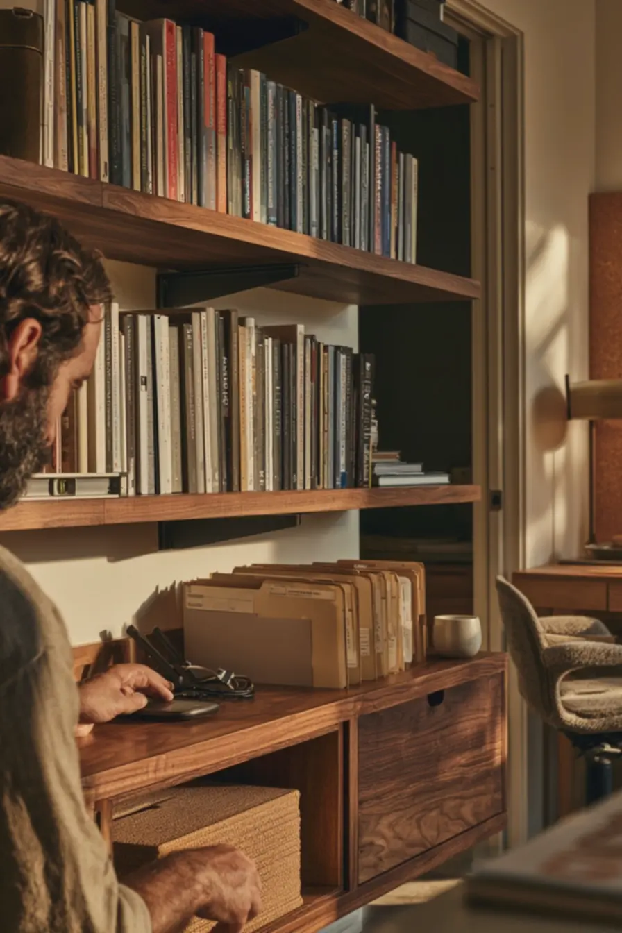 prateleira-modular-em-escritorio-compacto-com-acabamento-em-nogueira-sustentadapor-suporte-metalico-preto-para-composicao-funcional-e-elegante A estante deixou de servir apenas para livros e virou protagonista da decoração prateleira-modular-em-escritorio-compacto-com-acabamento-em-nogueira-sustentadapor-suporte-metalico-preto-para-composicao-funcional-e-elegante A estante deixou de servir apenas para livros e virou protagonista da decoração