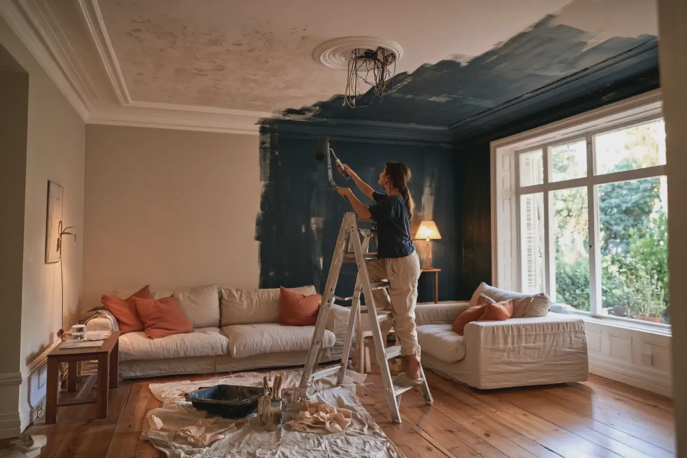 sala-de-estar-em-reforma-com-teto-pintado-azul-petroleo-metade-branco-mostrandotransformacao-de-decoracao A parede mais esquecida da casa virou protagonista: como decorar o teto sem errar sala-de-estar-em-reforma-com-teto-pintado-azul-petroleo-metade-branco-mostrandotransformacao-de-decoracao A parede mais esquecida da casa virou protagonista: como decorar o teto sem errar
