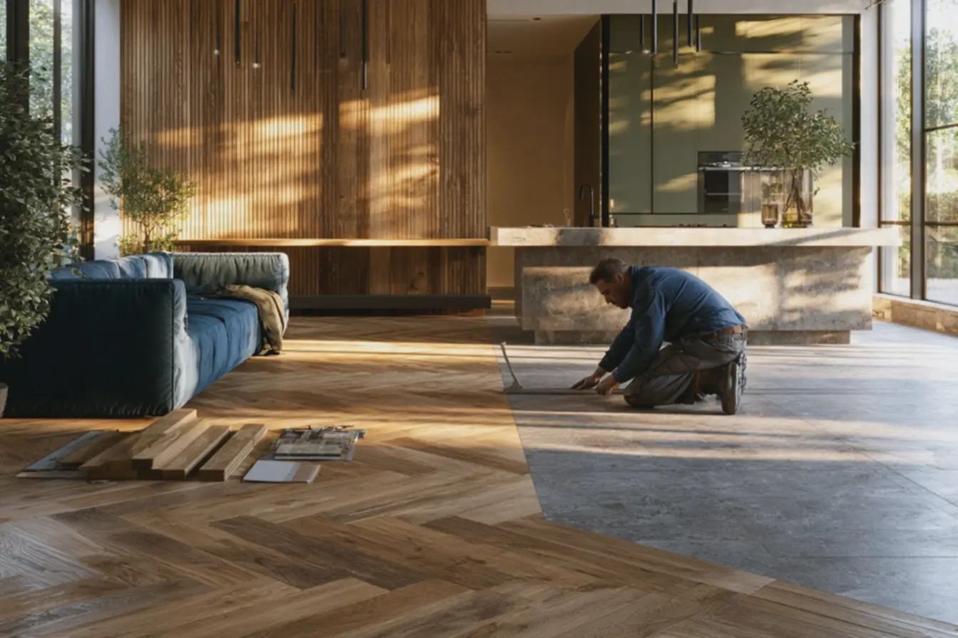 sala-integrada-a-cozinha-com-piso-de-madeira-tom-mel-em-padrao-espinha-de-peixee-porcelanato-cinza-com-textura-de-cimento As novas maneiras de usar piso de madeira na decoração e surpreender a todos sala-integrada-a-cozinha-com-piso-de-madeira-tom-mel-em-padrao-espinha-de-peixee-porcelanato-cinza-com-textura-de-cimento As novas maneiras de usar piso de madeira na decoração e surpreender a todos