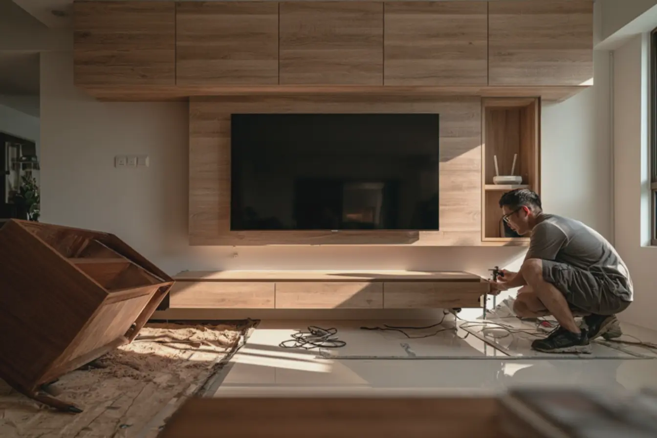 sala-moderna-com-painel-de-madeira-clara-para-tv-e-nicho-aberto-para-roteador-emambiente-pequeno O rack tradicional está desaparecendo das salas mais atuais: veja o que entrou no lugar sala-moderna-com-painel-de-madeira-clara-para-tv-e-nicho-aberto-para-roteador-emambiente-pequeno O rack tradicional está desaparecendo das salas mais atuais: veja o que entrou no lugar