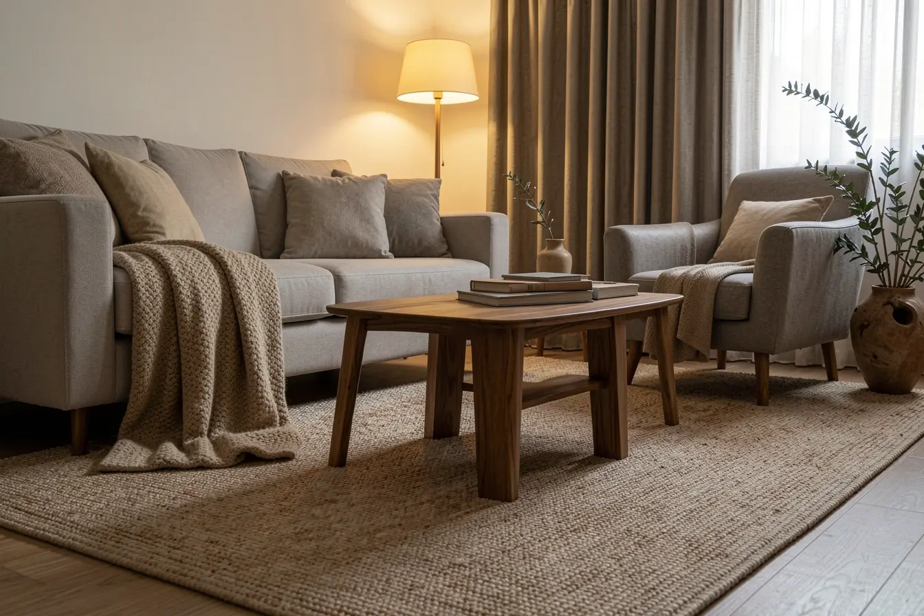 tapete-conectando-sofa-e-poltrona-cortina-encorpada-e-manta-texturizada-criando-profundidade-e-conforto-na-sala-1 Por que sua sala ainda parece fria? A resposta está nas camadas visuais tapete-conectando-sofa-e-poltrona-cortina-encorpada-e-manta-texturizada-criando-profundidade-e-conforto-na-sala-1 Por que sua sala ainda parece fria? A resposta está nas camadas visuais