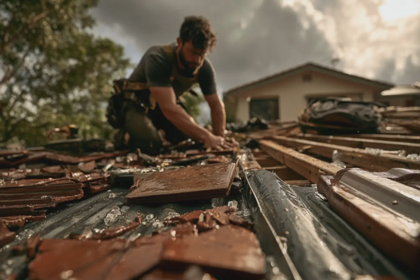 telhado-residencial-com-telhas-de-ceramica-quebradas-apos-tempestade-de-granizomostrando-tecnico-reparando-telha-danificada Seu telhado é a prova de granizo? Quais são os materiais mais seguros e indicados para chuvas intensas telhado-residencial-com-telhas-de-ceramica-quebradas-apos-tempestade-de-granizomostrando-tecnico-reparando-telha-danificada Seu telhado é a prova de granizo? Quais são os materiais mais seguros e indicados para chuvas intensas
