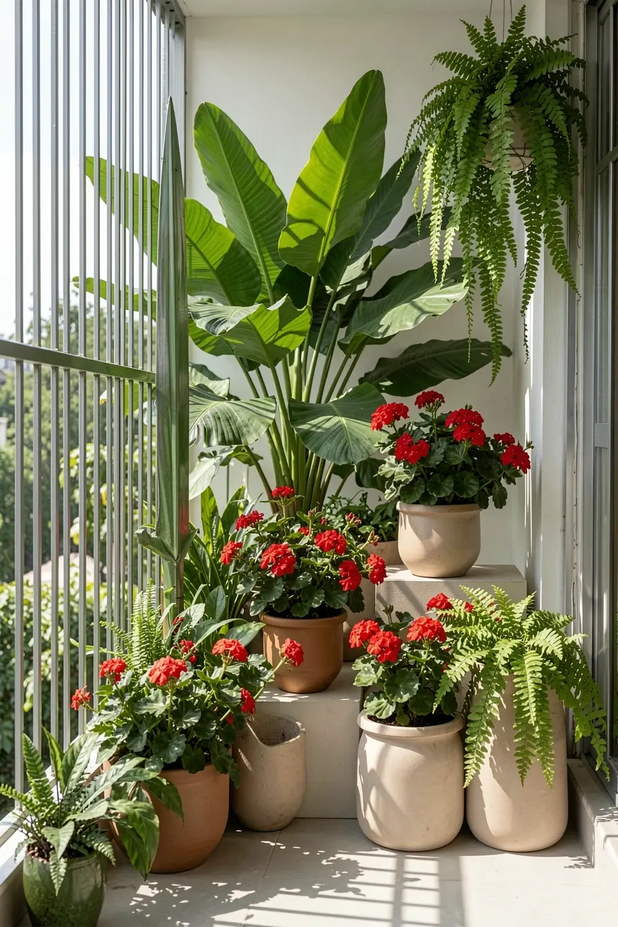 varanda-com-base-de-folhagens-verdes-geranios-vermelhos-e-vasos-organizados-para-criar-equilibrio-visual-sob-sol-forte Sol forte na varanda: combinações de plantas para um cantinho verde e vibrante varanda-com-base-de-folhagens-verdes-geranios-vermelhos-e-vasos-organizados-para-criar-equilibrio-visual-sob-sol-forte Sol forte na varanda: combinações de plantas para um cantinho verde e vibrante