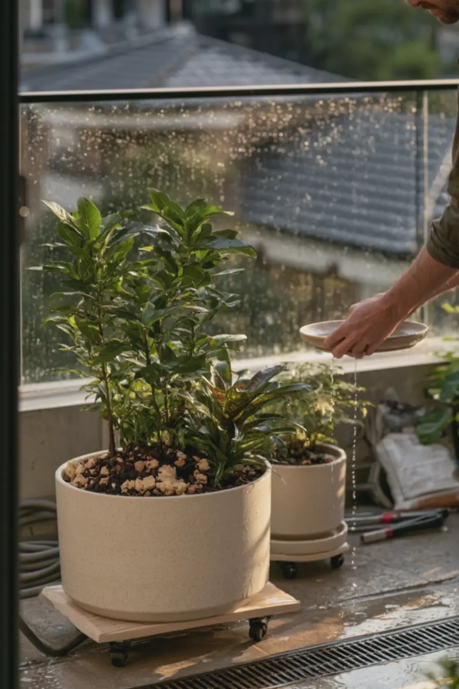 varanda-de-apartamento-com-vaso-grande-em-suporte-com-rodas-permitindo-drenagemeficiente-apos-chuva-durante-o-cultivo-urbano Jardim resistente: ele precisa sobreviver à seca e à chuva forte. Como preparar o seu? varanda-de-apartamento-com-vaso-grande-em-suporte-com-rodas-permitindo-drenagemeficiente-apos-chuva-durante-o-cultivo-urbano Jardim resistente: ele precisa sobreviver à seca e à chuva forte. Como preparar o seu?