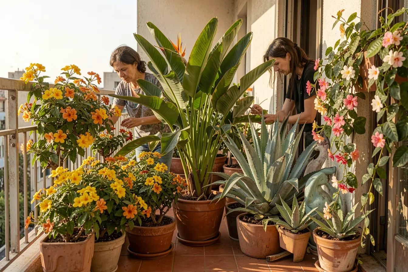 varanda-ensolarada-com-composicao-vibrante-de-strelitzia-agave-lantana-e-dipladenia-em-vasos-organizados Sol forte na varanda: combinações de plantas para um cantinho verde e vibrante varanda-ensolarada-com-composicao-vibrante-de-strelitzia-agave-lantana-e-dipladenia-em-vasos-organizados Sol forte na varanda: combinações de plantas para um cantinho verde e vibrante