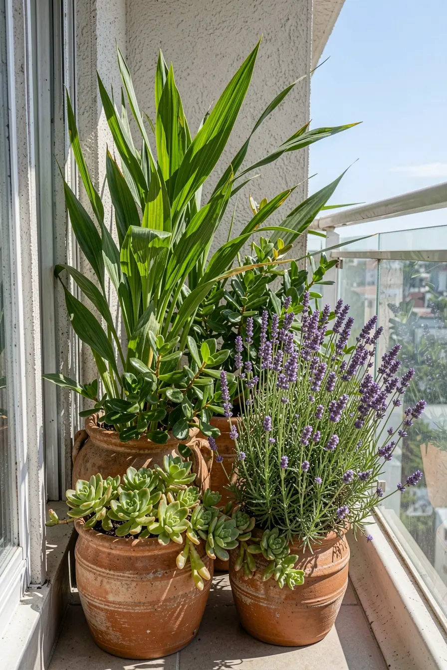 varanda-ensolarada-e-ventilada-com-iuca-clusia-lavanda-e-suculentas-agrupadas-em-vasos-estaveis Sol forte na varanda: combinações de plantas para um cantinho verde e vibrante varanda-ensolarada-e-ventilada-com-iuca-clusia-lavanda-e-suculentas-agrupadas-em-vasos-estaveis Sol forte na varanda: combinações de plantas para um cantinho verde e vibrante
