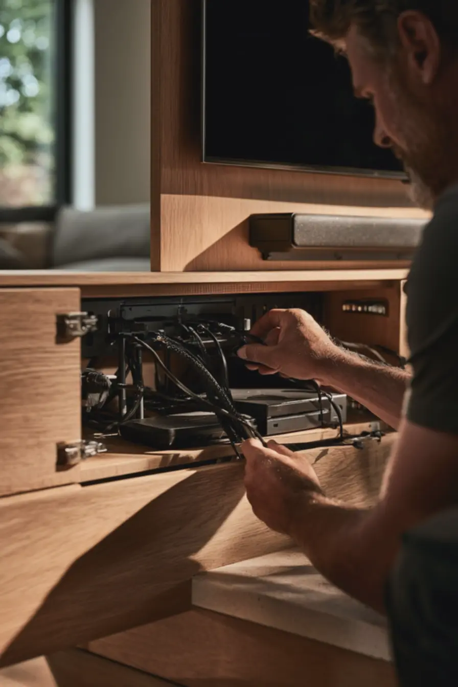 vista-tecnica-da-parte-traseira-de-tv-65-polegadas-montada-na-parede-com-painelde-mdf-claro-aberto-para-passagem-de-cabos O rack tradicional está desaparecendo das salas mais atuais: veja o que entrou no lugar vista-tecnica-da-parte-traseira-de-tv-65-polegadas-montada-na-parede-com-painelde-mdf-claro-aberto-para-passagem-de-cabos O rack tradicional está desaparecendo das salas mais atuais: veja o que entrou no lugar