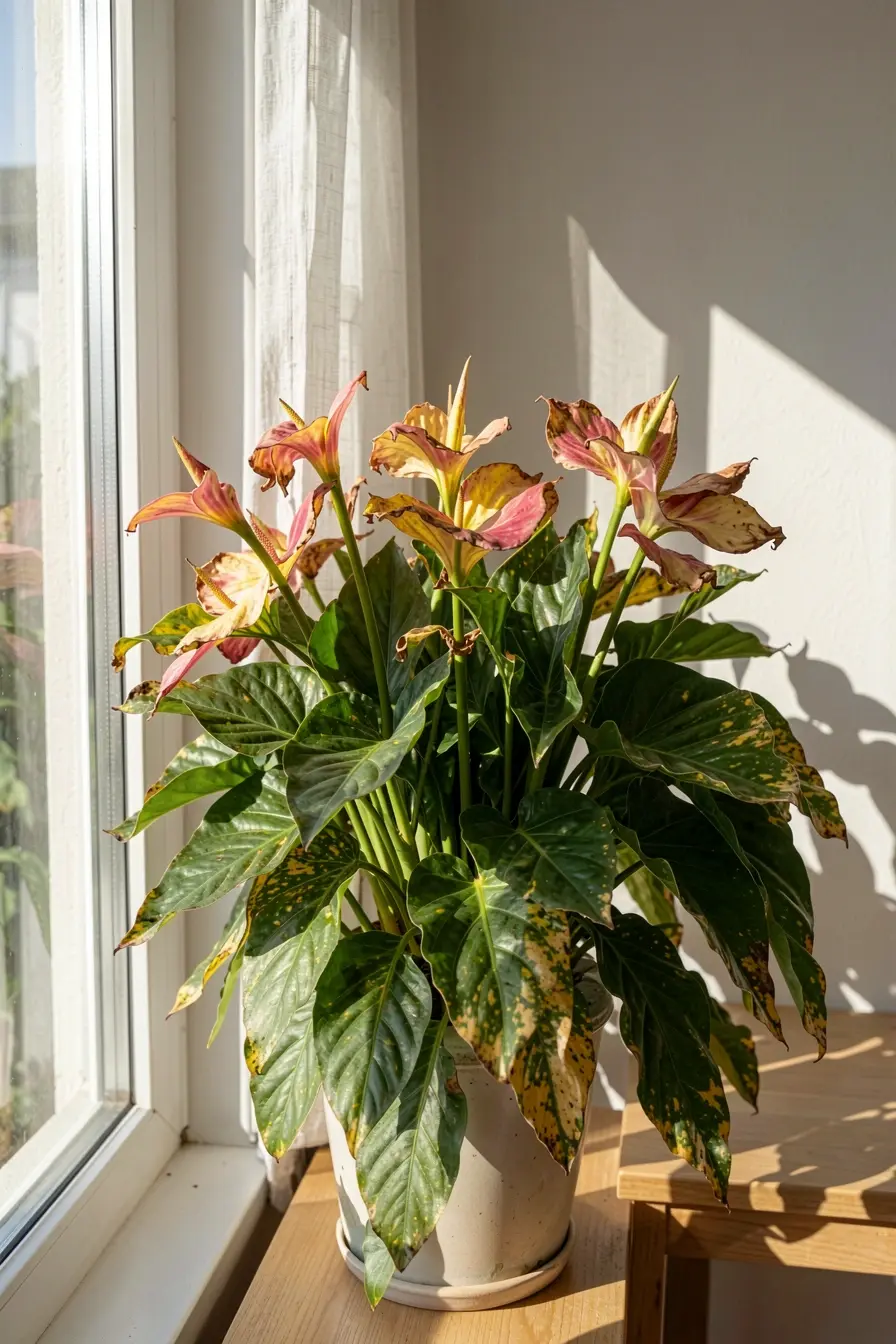 anturio-com-folhas-manchadas-junto-a-janela-sob-luz-solar-direta A luz parece ideal, mas pode prejudicar suas flores dentro de casa anturio-com-folhas-manchadas-junto-a-janela-sob-luz-solar-direta A luz parece ideal, mas pode prejudicar suas flores dentro de casa
